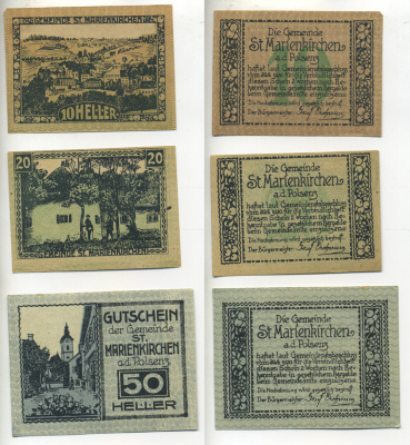 Австрия набор из 3 банкнот 1920 20 июня 1920, нотгельд, 10, 20, 50 геллеров, ST. MARIENKIRCHEN an der POLSENZ   бумага  XF 7555-2-3-1