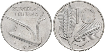 Италия 10 лир 1952 R, плуг, колосья KM 93 алюминий 4571-514