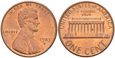 США 1 ЦЕНТ 1983 D, ЛИНКОЛЬН KM 201b цинк плакированный медью UNC 187-728