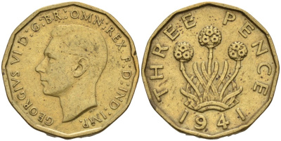 Великобритания 3 пенса 1941 Георг VI (1936-1952) KM 849, Spink 4112 никель латунь 4513-1022
