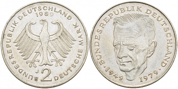 ФРГ 2 МАРКИ 1989 J, КУРТ ШУМАХЕР KM 149, J. 424 медно-никель плакированный никелем 3718-953