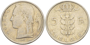 БЕЛЬГИЯ 5 ФРАНКОВ 1950 BELGIE, БОДУЭН I (1951-1993) KM 135.1 медно-никель 4546-257