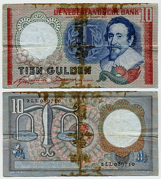 НИДЕРЛАНДЫ 10 ГУЛЬДЕНОВ 1953 АМСТЕРДАМ, 23 МАРТА 1953, ГУГО ГРОЦИЙ Pick 85 бумага 444-104-2-1