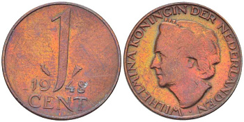 Нидерланды 1 цент 1948 Вильгельмина (1890-1948), год тип KM 175 бронза 211-716