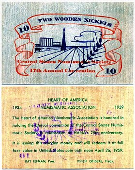 Канада 10 деревянных никелей = 50 центов 1959 нумизматическая ассоциация Центральной Америки   дерево  UNC (пресс) 7146-61-2-2