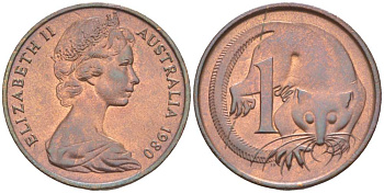 АВСТРАЛИЯ 1 ЦЕНТ 1980 ЕЛИЗАВЕТА II (1952-) МОЛОДОЙ ПОРТРЕТ, ОПОССУМ KM 62 бронза 4516-638