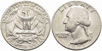 США 25 центов (квотер) 1971 Вашингтон KM 164а медь плакированная медно-никелем 63-912