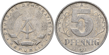 ГДР 5 пфеннигов 1972 A KM 9.1 алюминий 218-354
