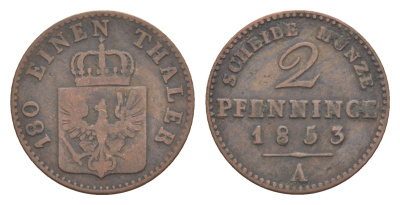 Пруссия 2 пфеннига 1853 A, Фридрих Вильгельм IV (1840-1861) KM 452, Jaeger 51, Olding 336, AKS 91 медь 4651-232
