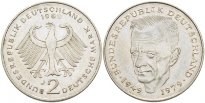 ФРГ 2 МАРКИ 1989 J, КУРТ ШУМАХЕР KM 149, J. 424 медно-никель плакированный никелем 3718-953