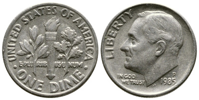 США 10 ЦЕНТОВ = 1 ДАЙМ 1985 P, РУЗВЕЛЬТ KM 195а медь плакированная медно-никелем 57-1222