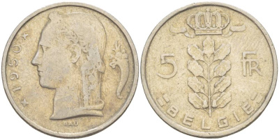 БЕЛЬГИЯ 5 ФРАНКОВ 1950 BELGIE, БОДУЭН I (1951-1993) KM 135.1 медно-никель 4546-257