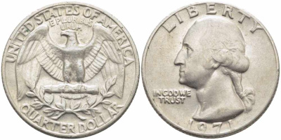 США 25 центов (квотер) 1971 Вашингтон KM 164а медь плакированная медно-никелем 63-912