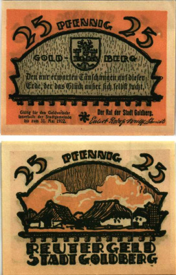 ГОЛЬДБЕРГ 25 ПФЕННИГОВ 1922 НОТГЕЛЬД, ИЮНЬ 1922 - 31 МАЯ 1922, ЗЕМЛЯ МЕКЛЕНБУРГ ПЕРЕДНЯЯ ПОМЕРАНИЯ Grabowski 452.1 бумага 7547-97-1-1