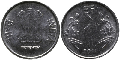 Индия 1 рупия 2011 KM 394 нержавеющая сталь UNC M46-16