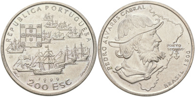 Португалия 200 эскудо 1999 500 лет с момента высадки Педру Алвариша Кабрала в Бразилии KM 717 медно-никель UNC 4677-523