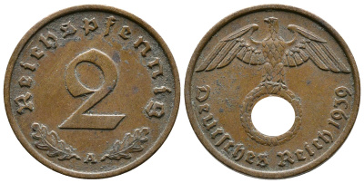 Германия 2 рейхспфеннига 1939 A KM 90, J. 362 бронза 176-1255