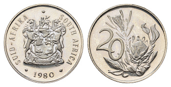 ЮАР 20 центов 1980 герб, цветок протея KM 86 никель PROOF 4693-525