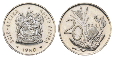 ЮАР 20 центов 1980 герб, цветок протея KM 86 никель PROOF 4693-525
