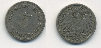 ГЕРМАНИЯ 5 ПФЕННИГОВ 1900 A, KM 11, J. 12 медно-никель 54-753