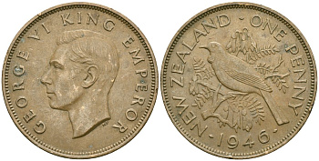 Новая Зеландия 1 пенни 1946 Георг VI (1936-1952), новозеландский туи KM 13 бронза 69-214
