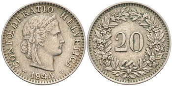 ШВЕЙЦАРИЯ 20 РАППЕНОВ 1944 В KM 29a медно-никель 55-721