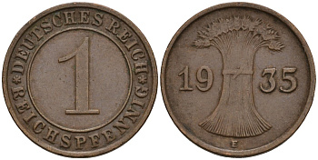Германия 1 рейхспфенниг 1935 E KM 37, J. 313 бронза 4516-249