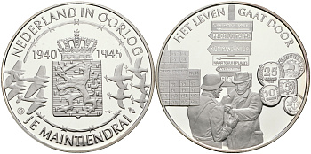 Нидерланды медаль ND Голландия в войне 1940-1945, жизнь после войны, 31,3 гр, 45,0 мм  серебро  PROOF  11-323-25