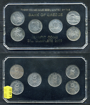 Греция набор из 6 монет (500 драхм) 2000 в оригинальной упаковке (37a). XXVIII летние Олимпийские Игры, Афины 2004 - Стадион, Олимпийский огонь, диагор, Президент Викелас и Барон Кубертен, спиридон Луис, золотая медаль KM 175, 176, 177, 178, 179, 180 медн