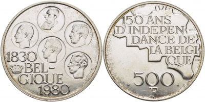Бельгия 500 франков 1980 150 лет независимости, Belgique, Бодуэн I (1951-1993) KM 161 медно-никель покрытый серебром 107-313