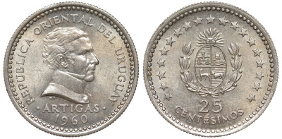 Уругвай 25 сентесимо 1960 KM 40 медно-никель 4580-1221