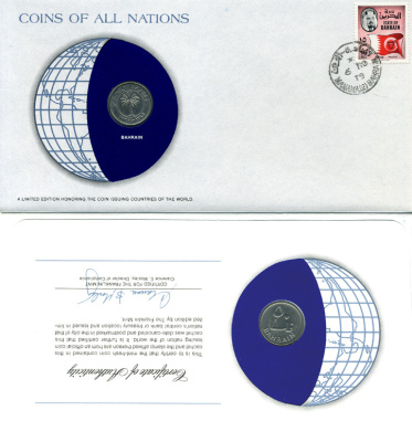 Бахрейн 50 филсов 1965 AH 1385, пальма KM 5 медно-никель конверт с маркой первого дня гашения, Coins of Nations KM 5 медно-никель UNC 4294-24-2