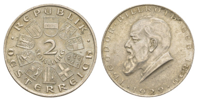 Австрия 2 шиллинга 1929 100 лет со дня рождения Теодора Бильрота KM 2844 серебро 4653-626