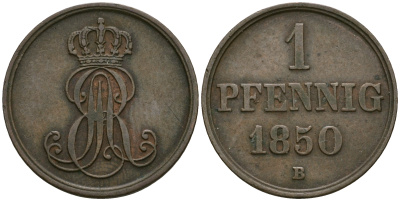 Ганновер 1 пфенниг 1850 B, Эрнст Август (1837-1851) KM 201.1, AKS 129, J. 74 медь 4608-1059