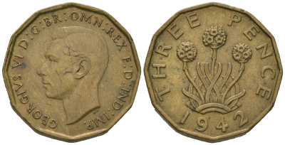 Великобритания 3 пенса 1942 Георг VI (1936-1952) KM 849, Spink 4112 никель латунь 4635-825