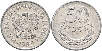 Польша 50 грошей 1984 MW, Народная Республика KM 48.1, Parchimowicz 210r алюминий 3336-713