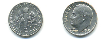 США 10 центов (дайм) 1967 Рузвельт KM 195a медь плакированная медно-никелем 89-527