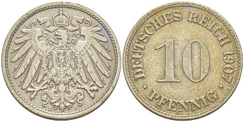 Германия 10 пфеннигов 1907 D KM 12, J. 13, Weege 8 медно-никель 259-924