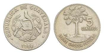 Гватемала 5 сентаво 1966 маленькая дата KM 266.2 медно-никель 1522-542