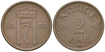Норвегия 2 эре 1955 Хокон VII (1905-1957) KM 399 бронза 3955-232
