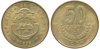 Коста-Рика 50 колонов 1999 B.C.C.R., год тип KM 231.1 латунь 62-716