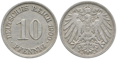 Германия 10 пфеннигов 1900 A KM 12, J. 13 медно-никель 100-927