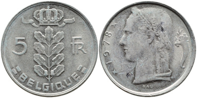 БЕЛЬГИЯ 5 ФРАНКОВ 1978 BELGIQUE KM 134.1 медно-никель 63-713