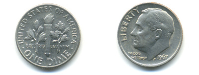 США 10 центов (дайм) 1967 Рузвельт KM 195a медь плакированная медно-никелем 89-527