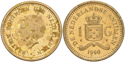 Нидерландские Антилы 1 гульден 1991 Беатрикс (1980-2013) KM 37 позолоченная сталь 4364-1832
