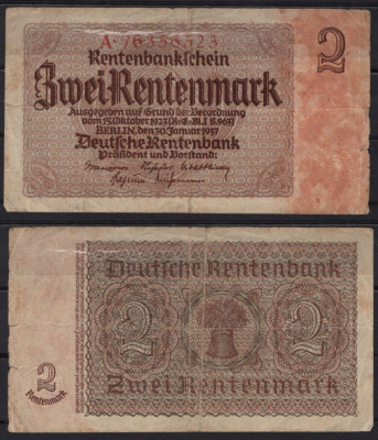 Германия 2 рентенмарка 1937 Берлин, сухой штамп бумага 8518-51-1-2