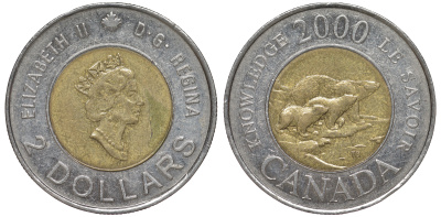 Канада 2 доллара 2000 миллениум, полярные медведи KM 399 биметалл 4605-557
