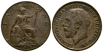 Великобритания 1 фартинг 1919 Георг V (1910-1936) KM 808.2 Spink 4060 бронза 4384-1257