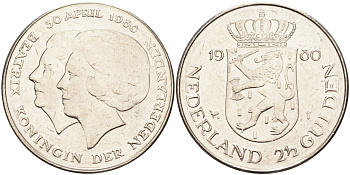 Нидерланды 2 1/2 гульдена 1980 коронация Беатрикс, 30 апреля 1980 KM 201 никель 4590-726