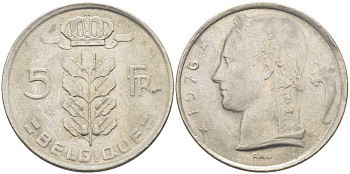 БЕЛЬГИЯ 5 ФРАНКОВ 1976 BELGIQUE, БОДУЭН I (1951-1993) KM 134.1 медно-никель 119-737